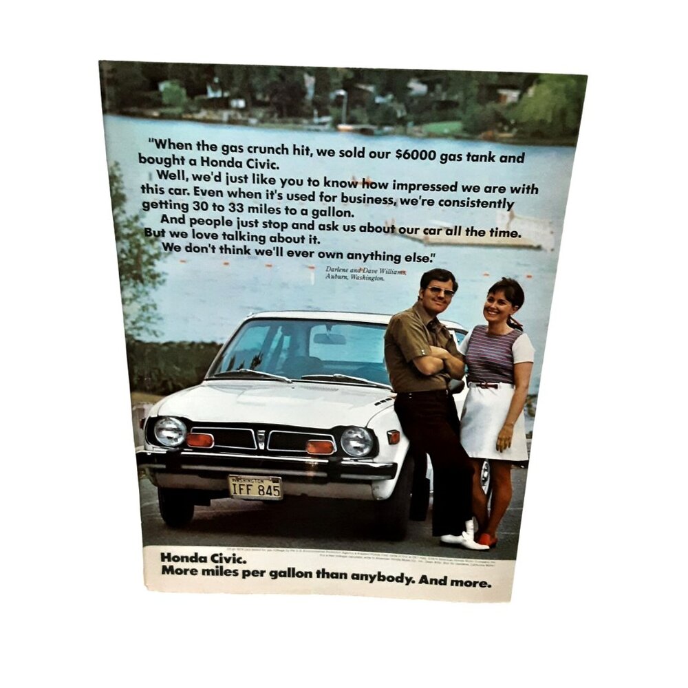 1974 Honda Civic White Color Car with Man Woman Original Print Ad